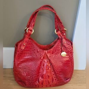 Brahmin Leather Hobo Tote Bag Mandarin Melbourne Croc Embossed Red Gold Purse